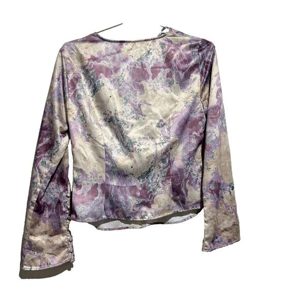 Zara Blouse lilac Pastle Watercolor SMAL Abstract Twist Front V Neck Long Sleeve - Picture 3 of 13